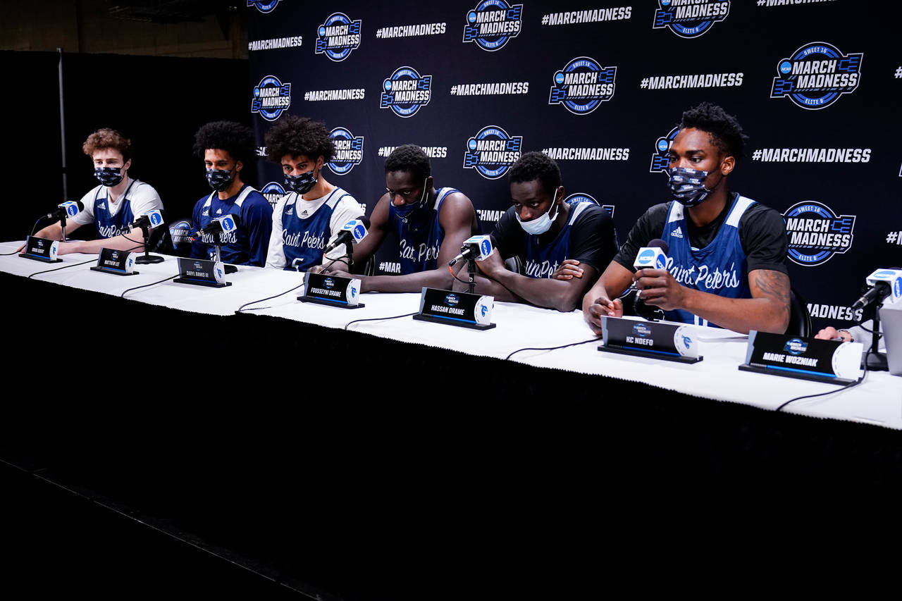 From right to left, Saint Peter's KC Ndefo, Hassan Drame, Fousseyni Drame, Daryl Banks III, Matthew...