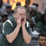
              Michigan State head coach Tom Izzo shouts during the second half of an NCAA college basketball game against Purdue in the semifinal round at the Big Ten Conference tournament, Saturday, March 12, 2022, in Indianapolis. (AP Photo/Darron Cummings)
            