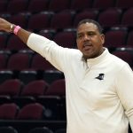 
              Providence head coach Ed Cooley conducts practice for the NCAA men's college basketball tournament Thursday, March 24, 2022, in Chicago. Providence faces Kansas in a Sweet 16 game on Friday. (AP Photo/Charles Rex Arbogast)
            