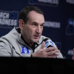 
              Duke head coach Mike Krzyzewski speaks during a news conference on Saturday, March 19, 2022, in Greenville, S.C. Michigan State will face Duke in a second round game of the NCAA college basketball tournament on Sunday. (AP Photo/Chris Carlson)
            