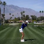 
              Minjee Lee tees off on the fifth hole during the Chevron Championship golf tournament Thursday, March 31, 2022, in Rancho Mirage, Calif. (AP Photo/Marcio Jose Sanchez)
            