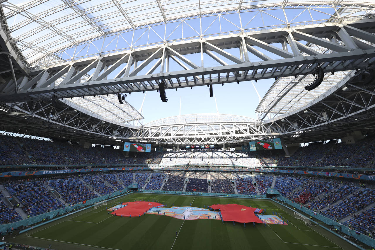 FILE - General view if the Saint Petersburg Stadium prior the Euro 2020 soccer championship quarter...