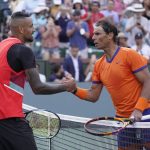 
              Rafael Nadal, of Spain, right, shakes hands with Nick Kyrgios, of Australia, after their quarterfinal match, won by Nadal, in the BNP Paribas Open tennis tournament Thursday, March 17, 2022, in Indian Wells, Calif. (AP Photo/Mark J. Terrill)
            