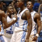 
              FILE - North Carolina's Marvin Williams (24), center, celebrates with teammates David Noel, right, and Raymond Felton (2) after his winning three-point play in the final seconds against Duke, March 6, 2005, in Chapel Hill, N.C. The 2005 matchup ranks as one of the most memorable matchups between rivals Duke and North Carolina in the Mike Krzyzewski era entering Saturday’s first-ever NCAA Tournament game in the Final Four. (AP photo/Sara D. Davis, File)
            