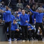 
              Duke head coach Mike Krzyzewski, middle, and assistant coaches react during the first half of a college basketball game between Duke and Texas Tech in the Sweet 16 round of the NCAA tournament in San Francisco, Thursday, March 24, 2022. (AP Photo/Marcio Jose Sanchez)
            