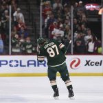
              Minnesota Wild left wing Kirill Kaprizov (97) skates on the ice after scoring a goal against the Colorado Avalanche during the second period of an NHL hockey game Sunday, March 27, 2022, in St. Paul, Minn. (AP Photo/Stacy Bengs)
            