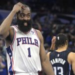 
              Philadelphia 76ers guard James Harden (1) reacts after getting a win against the Orlando Magic in overtime of an NBA basketball game, Sunday, March 13, 2022, in Orlando, Fla. (AP Photo/Phelan M. Ebenhack)
            