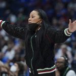 
              South Carolina head coach Dawn Staley watches the action in the first half of the NCAA women's college basketball Southeastern Conference tournament championship game against Kentucky Sunday, March 6, 2022, in Nashville, Tenn. (AP Photo/Mark Humphrey)
            