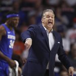 
              Kentucky head coach John Calipari shouts to his team against Florida during the first half of an NCAA college basketball game Saturday, March 5, 2022, in Gainesville, Fla. (AP Photo/Matt Stamey)
            