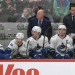 
              Vancouver Canucks coach Bruce Boudreau, top left, watches the team's NHL hockey game against the Minnesota Wild during the third period Thursday, March 24, 2022, in St. Paul, Minn. The Wild won 3-2 in overtime. (AP Photo/Craig Lassig)
            