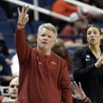 
              Iowa State coach Bill Fennelly gestures during the first half of the team's college basketball game against Creighton in the Sweet 16 round of the NCAA women's tournament in Greensboro, N.C., Friday, March 25, 2022. (AP Photo/Gerry Broome)
            