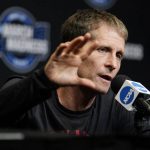 
              Arkansas head coach Eric Musselman fields questions after his team's practice for the NCAA men's college basketball tournament Wednesday, March 23, 2022, in San Francisco. Arkansas faces Gonzaga in a Sweet 16 game on Thursday. (AP Photo/Marcio Jose Sanchez)
            