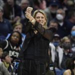 
              Central Florida head coach Katie Abrahamson-Henderson gestures during the first half of a second round women's college basketball game against Connecticut in the NCAA tournament, Monday, March 21, 2022, in Storrs, Conn. (AP Photo/Jessica Hill)
            