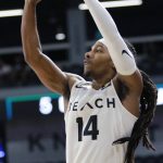
              Long Beach State guard Colin Slater (14) shoots during the first half of the team's NCAA college basketball game against Cal State Fullerton for the championship of the Big West Conference men's tournament Saturday, March 12, 2022, in Henderson, Nev. (AP Photo/Ronda Churchill)
            