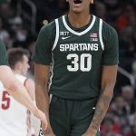 
              Michigan State's Marcus Bingham Jr. reacts during the second half of the team's NCAA college basketball game against Wisconsin at the Big Ten Conference men's tournament Friday, March 11, 2022, in Indianapolis. (AP Photo/Darron Cummings)
            