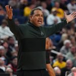 
              Providence head coach Ed Cooley reacts in the second half of a college basketball game against the South Dakota State during the first round of the NCAA men's tournament Thursday, March 17, 2022, in Buffalo, N.Y. Providence won 66-57. (AP Photo/Frank Franklin II)
            