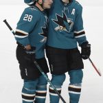 
              San Jose Sharks right wing Timo Meier (28) is congratulated by Tomas Hertl for his third goal of the night, during the third period of the team's NHL hockey game against Anaheim Ducks in San Jose, Calif., Saturday, March 26, 2022. (AP Photo/Josie Lepe)
            