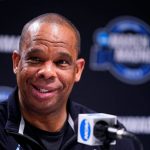 
              North Carolina head coach Hubert Davis speaks with members of the media during a news conference for the NCAA men's college basketball tournament, Saturday, March 26, 2022, in Philadelphia. (AP Photo/Matt Rourke)
            