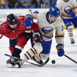 
              Buffalo Sabres center Dylan Cozens, right, and Washington Capitals left wing Marcus Johansson vie for the puck during the second period of an NHL hockey game in Buffalo, N.Y., Friday, March 25, 2022. (AP Photo/Adrian Kraus)
            