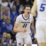 
              Creighton's Ryan Kalkbrenner (11) celebrates after scoring against Connecticut during the second half of an NCAA college basketball game Wednesday, March 2, 2022, in Omaha, Neb. (AP Photo/Rebecca S. Gratz)
            