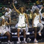 
              Baylor guard Jordan Lewis (3), forward NaLyssa Smith (1) and center Queen Egbo (4) celebrates on the bench during the second half of a college basketball game against Hawaii in the first round of the NCAA tournament in Waco, Texas, Friday, March 18, 2022. Baylor won 89-49. (AP Photo/LM Otero)
            