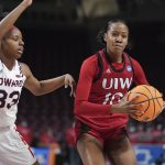 
              Incarnate Word guard Destiny Terrell (10) drives to the basket against Howard guard Kaniyah Harris (33) during the first half of a First Four game in the NCAA college basketball tournament Wednesday, March 16, 2022, in Columbia, S.C. (AP Photo/Sean Rayford)
            