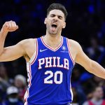 
              Philadelphia 76ers' Georges Niang reacts during the second half of an NBA basketball game against the Cleveland Cavaliers, Friday, March 4, 2022, in Philadelphia. (AP Photo/Matt Slocum)
            