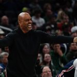 
              washington wizards head coach Wes Unseld Jr. reacts during the first half of an NBA basketball game Tuesday, Feb. 22, 2022, in Milwaukee . (AP Photo/Morry Gash)
            