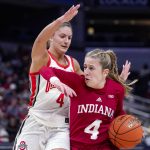 
              Indiana guard Nicole Cardano-Hillary (4) drives under Ohio State guard Jacy Sheldon (4) in the second half of an NCAA college basketball game at the Big Ten Conference tournament in Indianapolis, Saturday, March 5, 2022. Indiana defeated Ohio State 70-62. (AP Photo/Michael Conroy)
            