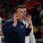 
              Illinois head coach Brad Underwood reacts to a call in the first half of an NCAA college basketball game against Indiana at the Big Ten Conference tournament in Indianapolis, Friday, March 11, 2022. (AP Photo/Michael Conroy)
            