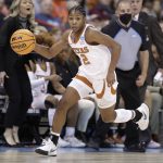
              Texas guard Aliyah Matharu (2) dribbles the ball against Ohio State during the first half of a college basketball game in the Sweet 16 round of the NCAA tournament, Friday, March 25, 2022, in Spokane, Wash. (AP Photo/Young Kwak)
            