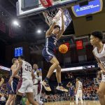 
              Virginia forward Kadin Shedrick (21) hangs from the basket after a dunk during the second half against Mississippi State in an NCAA college basketball game in the first round of the NIT, Wednesday, March 16, 2022, in Charlottesville, Va. (Erin Edgerton/The Daily Progress via AP)
            