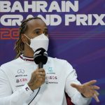 
              Mercedes driver Lewis Hamilton of Britain speaks during a press conference at the Formula One Bahrain International Circuit in Sakhir, Bahrain, Friday, March 18, 2022. The Bahrain Formula One Grand Prix will take place here on Sunday. (AP Photo/Hassan Ammar)
            