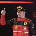 
              Ferrari driver Charles Leclerc of Monaco reacts after coming in second in the Formula One Grand Prix it in Jiddah, Saudi Arabia, Sunday, March 27, 2022. (AP Photo/Hassan Ammar)
            