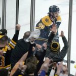 
              Fans celebrate after a goal by Boston Bruins right wing David Pastrnak (88) during the second period of an NHL hockey game against the Tampa Bay Lightning, Thursday, March 24, 2022, in Boston. (AP Photo/Charles Krupa)
            