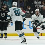 
              San Jose Sharks center Tomas Hertl (48) celebrates after scoring during overtime of an NHL hockey game against the Los Angeles Kings Thursday, March 10, 2022, in Los Angeles. The Sharks won 4-3 in overtime. (AP Photo/Ashley Landis)
            