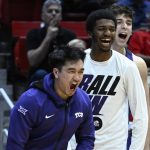 
              TCU players react on the bench during the first half of a first-round NCAA college basketball tournament game against Seton Hall, Friday, March 18, 2022, in San Diego. (AP Photo/Denis Poroy)
            