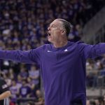 
              TCU head coach Jamie Dixon gestures as he watches play against Kansas in the first half of an NCAA college basketball game in Fort Worth, Texas, Tuesday, March 1, 2022. (AP Photo/Tony Gutierrez)
            