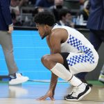 
              Kentucky forward Keion Brooks Jr. reacts at the end of a college basketball game against Saint Peter's in the first round of the NCAA tournament, Thursday, March 17, 2022, in Indianapolis. Saint Peter's won 85-79 in overtime. (AP Photo/Darron Cummings)
            