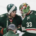 
              Minnesota Wild goaltender Cam Talbot (33) is congratulated by left wing Kevin Fiala (22) after the team's win over the New York Rangers in an NHL hockey game Tuesday, March 8, 2022, in St. Paul, Minn. (AP Photo/Andy Clayton-King)
            