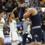 
              Utah State forward Brandon Horvath (4) lowers his head following the team's NCAA college basketball game against Colorado State in the quarterfinals of Mountain West Conference men's tournament Thursday, March 10, 2022, in Las Vegas. (AP Photo/Rick Bowmer)
            