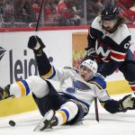 
              St. Louis Blues right wing Alexei Toropchenko (65) falls to the ice next to Washington Capitals defenseman Michal Kempny (6) during the second period of an NHL hockey game Tuesday, March 22, 2022, in Washington. (AP Photo/Nick Wass)
            