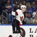 
              Ottawa Senators left wing Zach Sanford (13) celebrates after scoring against the Tampa Bay Lightning during the first period of an NHL hockey game Tuesday, March 1, 2022, in Tampa, Fla. (AP Photo/Chris O'Meara)
            