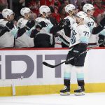 Seattle Kraken right wing Joonas Donskoi (72) celebrates his goal during the first period of an NHL hockey game against the Washington Capitals, Saturday, March 5, 2022, in Washington. (AP Photo/Nick Wass)