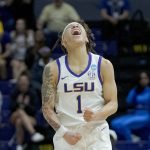 
              LSU guard Jailin Cherry (1) celebrates a basket against Jackson State in the first half of a women's college basketball game in the first round of an NCAA tournament, Saturday, March 19, 2022, in Baton Rouge, La. (AP Photo/Matthew Hinton)
            