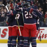 
              Columbus Blue Jackets players celebrate their goal against the Boston Bruins during the second period of an NHL hockey game Saturday, March 5, 2022, in Columbus, Ohio. (AP Photo/Jay LaPrete)
            