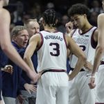 
              Gonzaga head coach Mark Few speaks with his players during the second half of an NCAA college basketball championship game against Saint Mary's at the West Coast Conference tournament Tuesday, March 8, 2022, in Las Vegas. (AP Photo/John Locher)
            