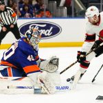 
              New York Islanders goaltender Semyon Varlamov (40) stops a shot by Ottawa Senators' Connor Brown (28) during the first period of an NHL hockey game Tuesday, March 22, 2022, in Elmont, N.Y. (AP Photo/Frank Franklin II)
            