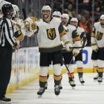 
              Vegas Golden Knights center Nicolas Roy (10) celebrates with teammates after scoring during the second period of an NHL hockey game against the Anaheim Ducks in Anaheim, Calif., Friday, March 4, 2022. (AP Photo/Ashley Landis)
            