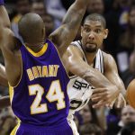 
              FILE - San Antonio Spurs' Tim Duncan, right, passes the ball around Los Angeles Lakers' Kobe Bryant (24) and Andrew Bynum during the third quarter of an NBA basketball game, Jan. 12, 2010, in San Antonio. (AP Photo/Eric Gay, File)
            